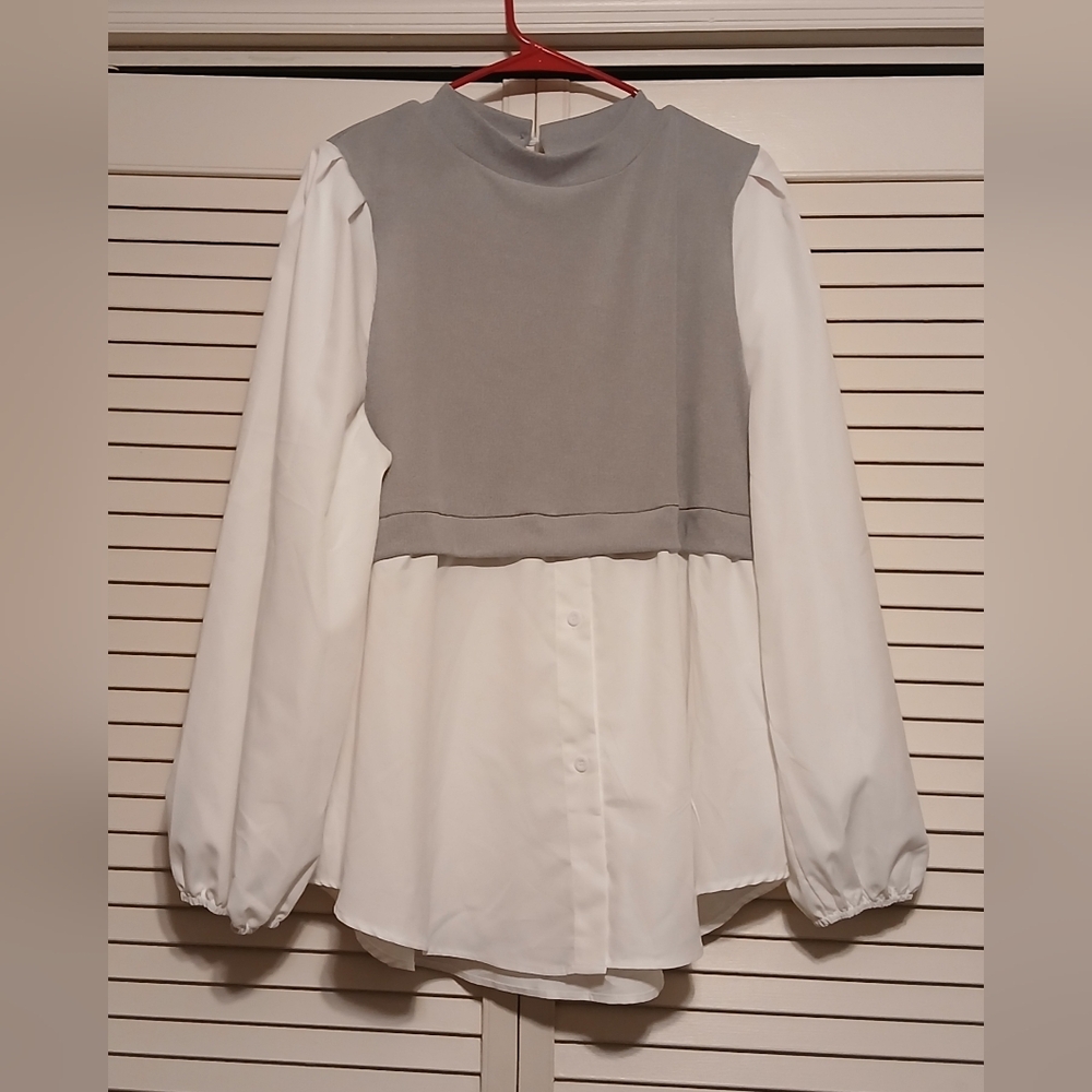 SHEIN Two-Tone Layered Button-Down Top in Gray and White